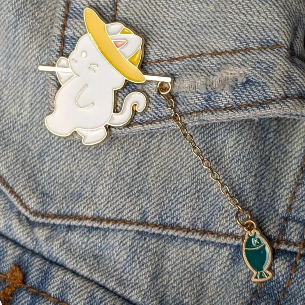 (5/$20) Yellow Hat Walking Cat Dangling Enamel Pin